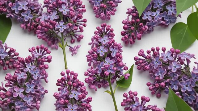 Overhead moving shot gliding slowly over numerous isolated fresh cut stems of bright purple lilac flowers creating a seamless, clean background pattern blossom, overhead, texture