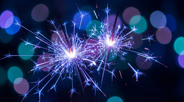 Two glowing blue sparklers emit bright light against bokeh circles.