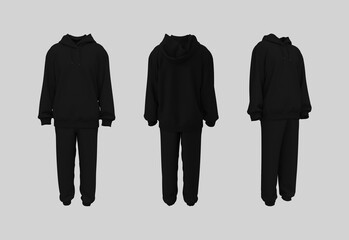 Oversized men’s hoodie and sweatpants set mockup. Unisex streetwear tracksuit, front and back view. 3d illustration, 3d rendering © Febriana