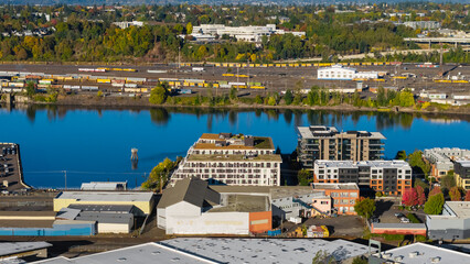 Aerial view of Shipping port , Industrial area along Willamette river in Portland, Oregon.