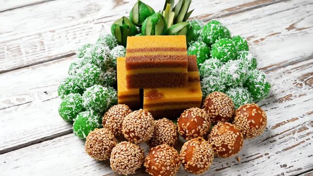Overhead rotating shot of a perfect flat lay arrangement featuring vibrant Lapis cake, Klepon, and Onde Onde on a rustic white background heritage, ingredient, colorful