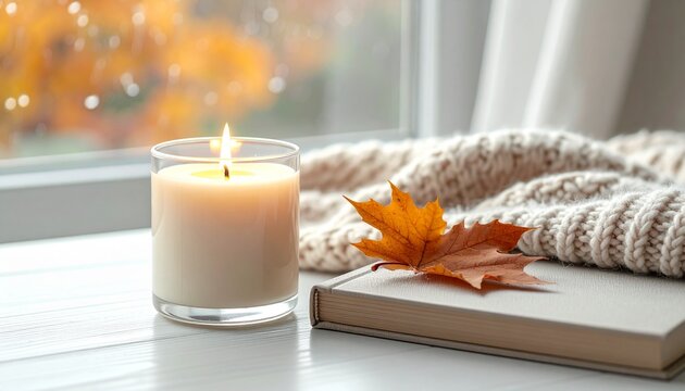 Cozy February aesthetic mockup, warm indoor scene, candle, book, knit sweater, rainy mood, soft lighting, neutral earthy tones, realistic photography, minimal composition, empty copy space, high resol