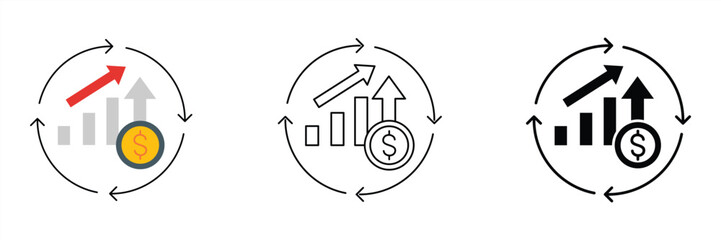 Conceptual design depicting continuous financial growth and business improvement. An ascending bar chart, dollar coin, and cyclical arrow symbolize ongoing economic development and investment progress