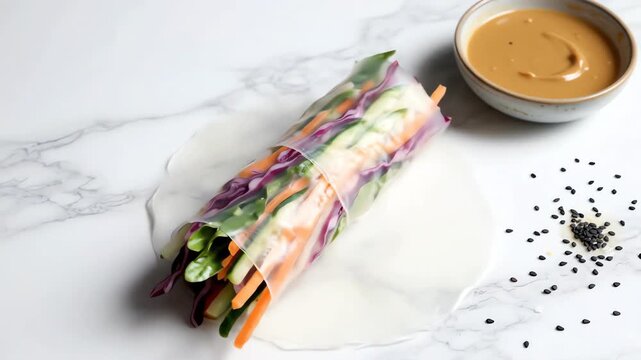 Overhead shot of a tightly rolled colorful vegetable wrap rotating slowly on a pristine white marble kitchen countertop symbolizing healthy meal rotation crisp, fitness, vibrant colors