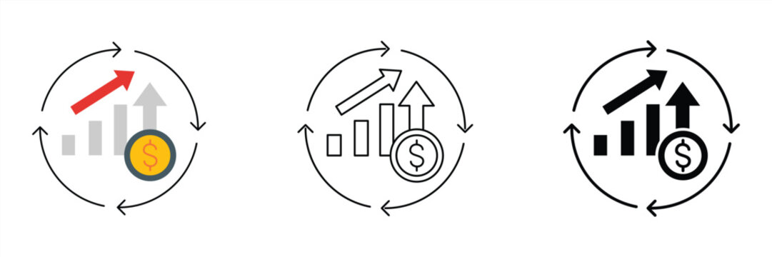 Conceptual design depicting continuous financial growth and business improvement. An ascending bar chart, dollar coin, and cyclical arrow symbolize ongoing economic development and investment progress