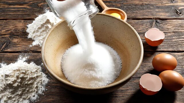Overhead shot of granulated white sugar slowly pouring from a glass jar into a rustic mixing bowl surrounded by flour and raw eggs on a dark wooden table glass jar, cooking, cake