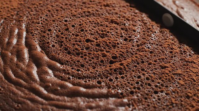 Overhead slider movement gliding smoothly across the dark cocoa sponge cake surface revealing intricate bubbly pores and rugged, textured ridges rustic, rugged, freshly baked