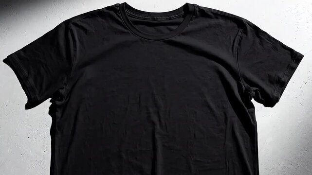 Overhead static shot of a blank black cotton shirt laying flat with a gentle air current causing subtle ripples across the fabric surface web banner footage, gentle air current, texture detail