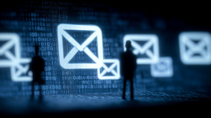 A digital mail icon environment with silhouetted figures to illustrate data communication and highlight the concept of information exchange.
