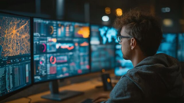 To detect and reduce cyber hazards affecting business operations, cybersecurity experts keep an eye on threat warnings on computer monitors.