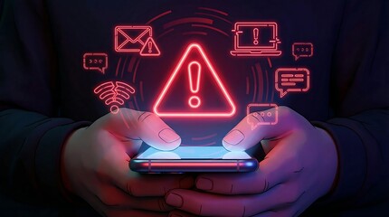 A depiction of digital security risks and vulnerabilities showcasing a smartphone held by hands surrounded by glowing warning signs and network icons high quality