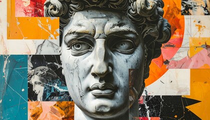 Modern abstract of a classical sculpted head against colorful geometric shapes