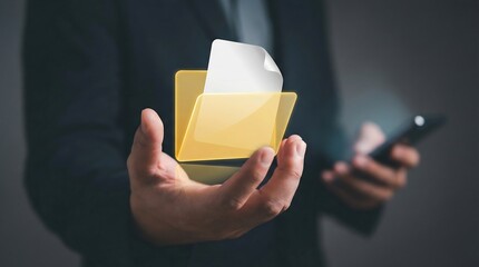 A professional individual is seemingly presenting a glowing digital folder containing a document while holding a smartphone in the background high quality detailed modern
