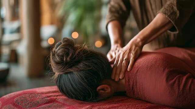 A young woman client receives a traditional Thai massage from a female therapist.