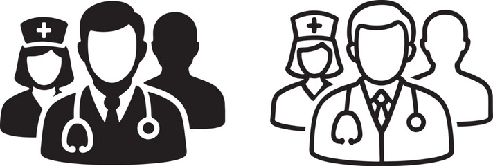 Black medical team icon vector silhouette for healthcare staff, hospital service and UI.