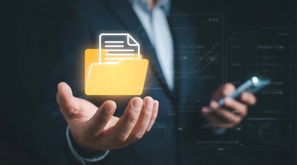 a businessman is depicted holding a glowing digital document icon in his hand symbolizing data technology and modern business solutions with a blurred background