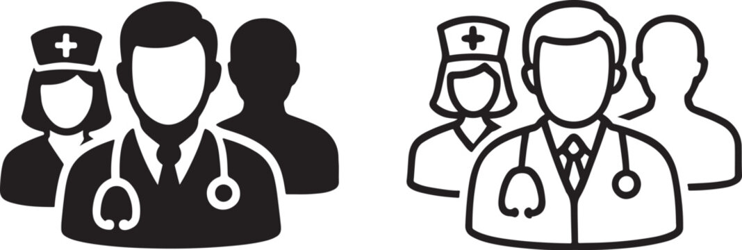 Black medical team icon vector silhouette for healthcare staff, hospital service and UI.