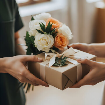 Person giving a gift and flowers to another person