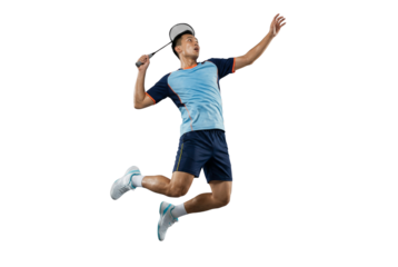 Dynamic Asian Male Badminton Player Jumping in Blue Uniform on White Background