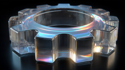 A transparent gear symbol representing innovation system optimization and modern technological productivity.
