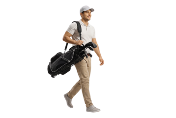 Smiling Golfer Walking with Golf Bag and Clubs Isolated on White