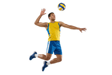 Fototapeta premium Male Volleyball Athlete Jumping to Spike Ball Isolated on White