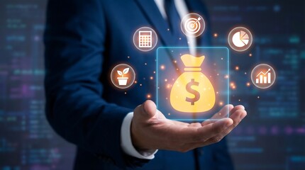 A businessman is presented with glowing digital icons representing financial growth data analysis and investment opportunities symbolizing modern business technology high quality professional detailed