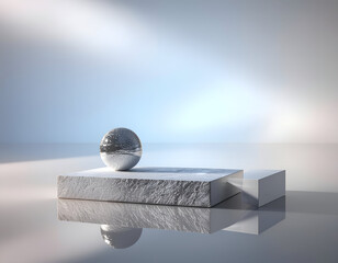 Minimal abstract 3D sphere on textured pedestal with soft studio lighting