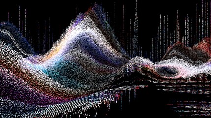 Abstract energy wave interrupted by digital noise on black background with colorful pixels
