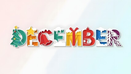 December festive typography with Christmas tree, bell, star, and snowflakes creating a holiday atmosphere