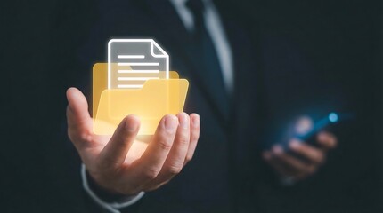 A professional individual is showcasing a stack of illuminated document or file folders representing data management technology and digital information accessibility in a modern