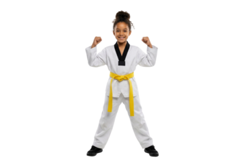 Confident Young Girl in White Taekwondo Uniform with Yellow Belt