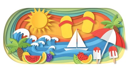 Obraz premium Summer vacation scene with beach elements, fruit, and a sailboat under a sunny sky