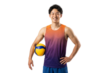 Smiling Asian Male Athlete Holding Volleyball Studio Shot