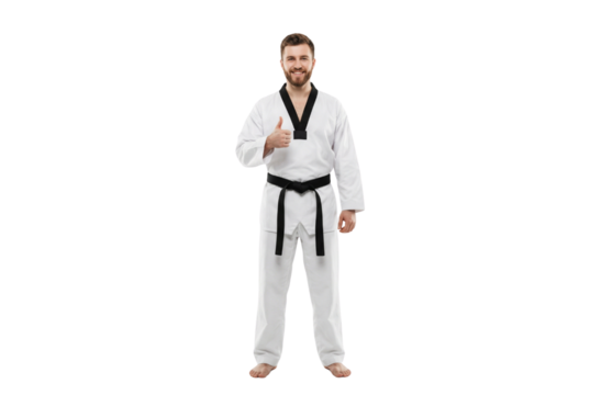 Happy Man in White Martial Arts Uniform and Black Belt Giving Thumbs Up - Powered by Adobe