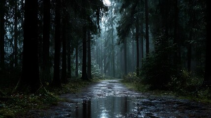 Dark and mysterious forest pathway leads through towering evergreen trees on a rainy, atmospheric day reflecting light on wet ground puddles.