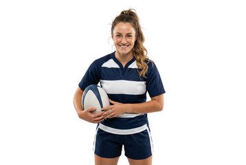Smiling Female Rugby Player in Blue Striped Jersey Holding Rugby Ball