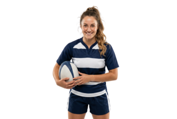 Smiling Female Rugby Player in Blue Striped Jersey Holding Rugby Ball