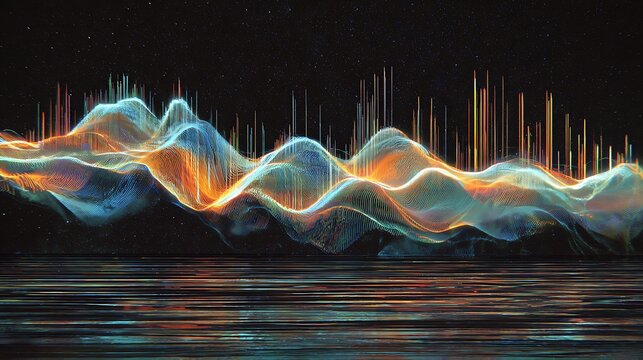 Vibrant abstract energy wave pattern with colorful sound waveform visualization on black background, digital futuristic illustration - Powered by Adobe