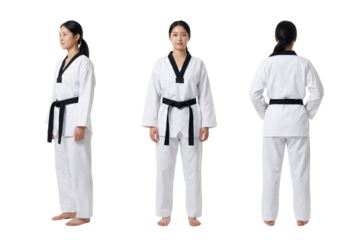 Young Woman in White Taekwondo Uniform with Black Belt Product Shot