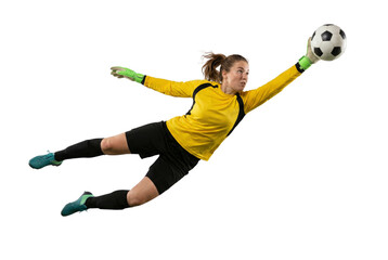Dynamic Female Soccer Goalkeeper Diving to Save Ball on White Background