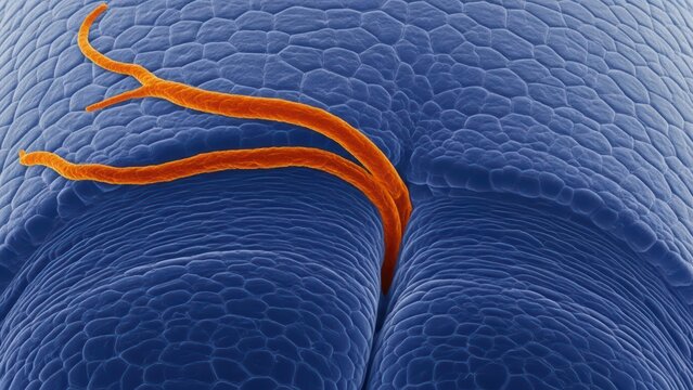Microscopic View Of Dermatophyte Growth On Human Keratin Under Ion-Abrasion Scanning Electron Microscopy For Microbiology