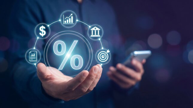a businessman is presenting digital financial data including charts currency symbols banking icons and a prominent percentage sign in a futuristic display high quality - Powered by Adobe