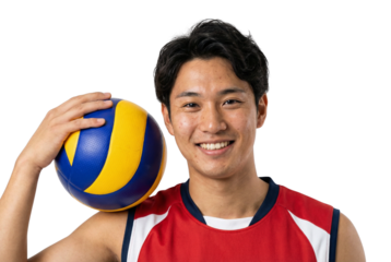 Smiling Asian Male Athlete with Volleyball on White Background