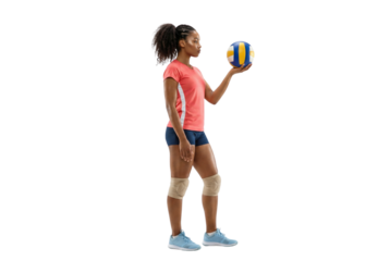 Young African American Female Volleyball Player Holding Ball Side View White Background
