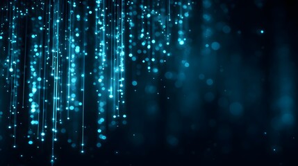 Abstract Blue Digital Particles Falling Like Rain in Dark Space.