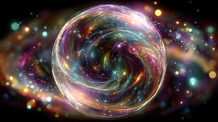 Abstract Cosmic Bubble Sphere with Swirling Nebula and Bokeh Lights.