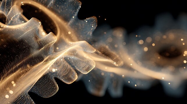 Golden metallic gears slowing down with glowing light trails and bokeh on black background, abstract technology and industry concept with futuristic feel - Powered by Adobe