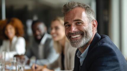 Fototapeta premium Smiling business people talking planning in conference room meeting
