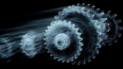 Abstract gears slowing down in motion blur on black background with glowing blue effect